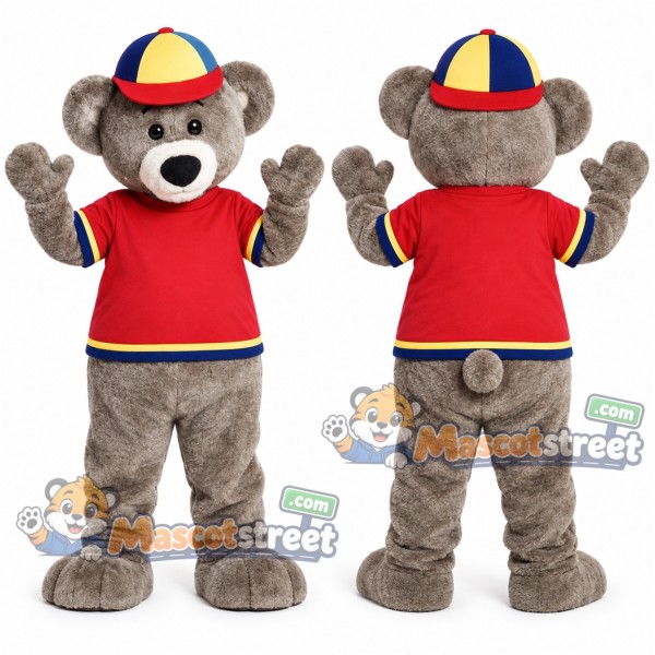 Gray Bear Mascot Costume with Red Shirt and Multicolor Cap