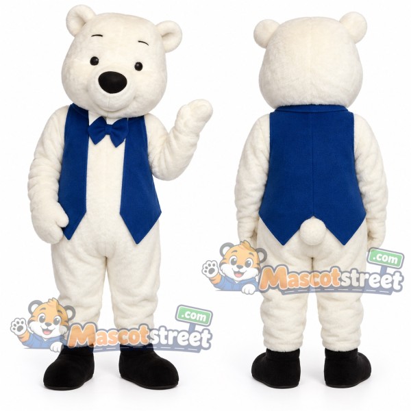 White Polar Bear Mascot Costume with Navy Vest and Bow Tie