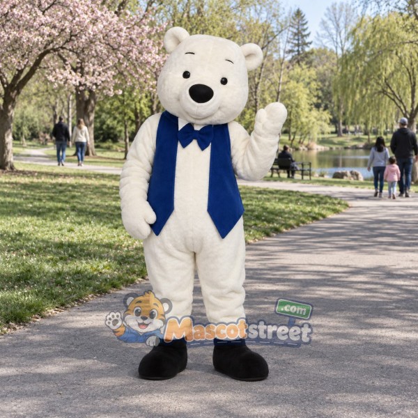 White Polar Bear Mascot Costume with Navy Vest and Bow Tie
