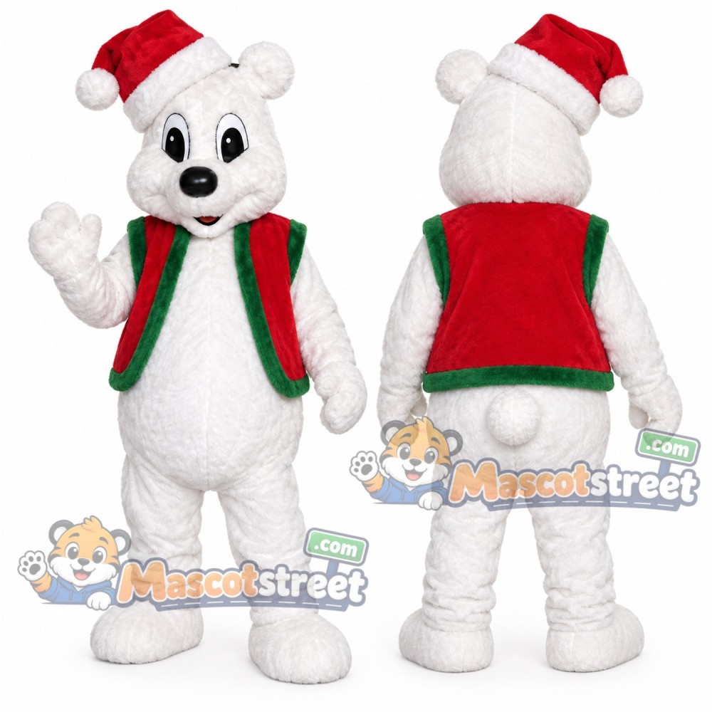 White Polar Bear Mascot Costume with Red Christmas Vest and Santa Hat