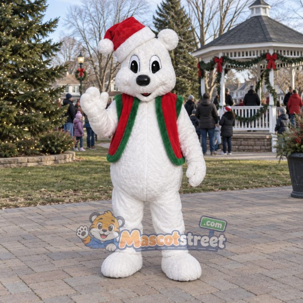 White Polar Bear Mascot Costume with Red Christmas Vest and Santa Hat