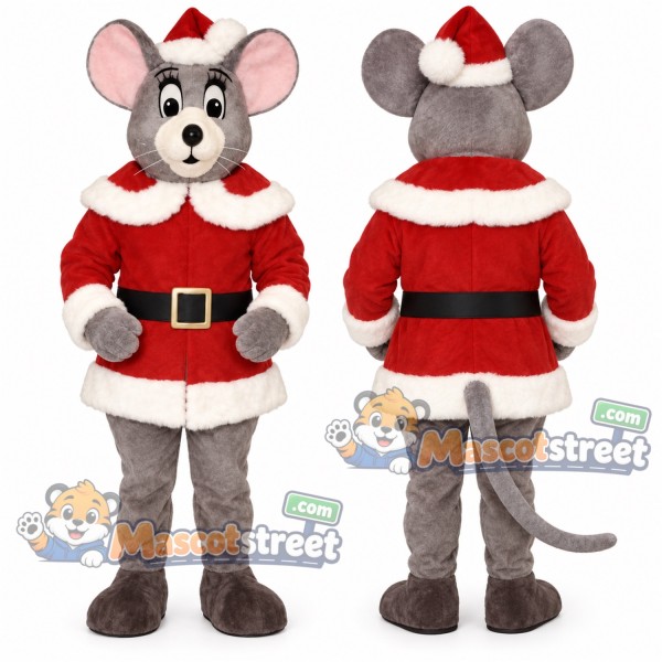 Gray Mouse Mascot Costume with Santa Suit and Hat