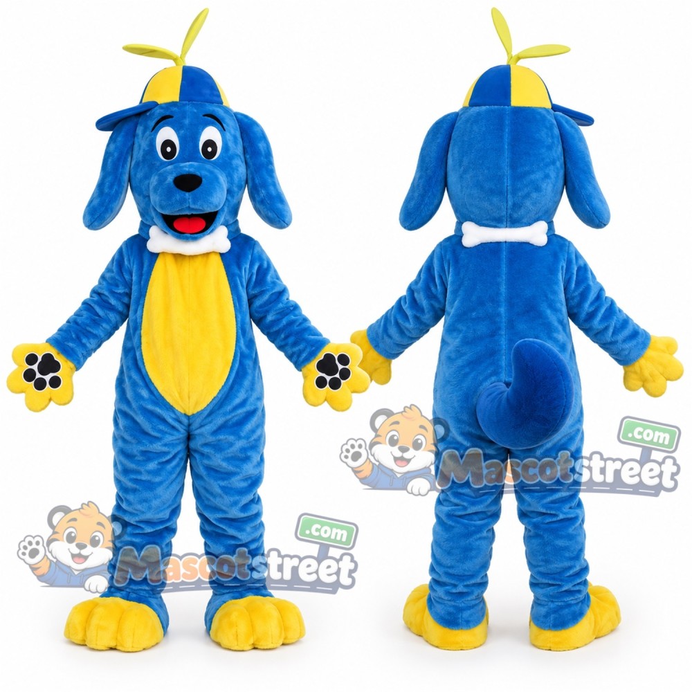 Blue Dog Mascot Costume with Yellow Hat Blue Dog Mascot Costume with Yellow Hat