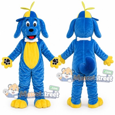 Blue Dog Mascot Costume with Yellow Hat Blue Dog Mascot Costume with Yellow Hat