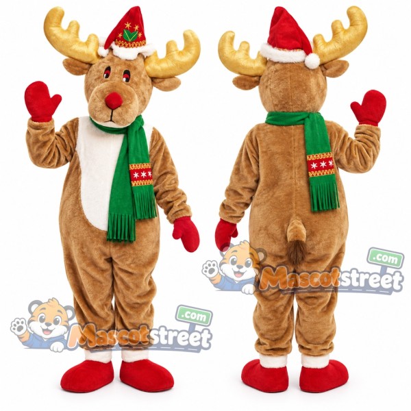 Tan Moose Mascot Costume with Green Scarf and Santa Hat