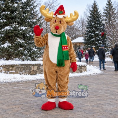 Tan Moose Mascot Costume with Green Scarf and Santa Hat Tan Moose Mascot Costume with Green Scarf and Santa Hat