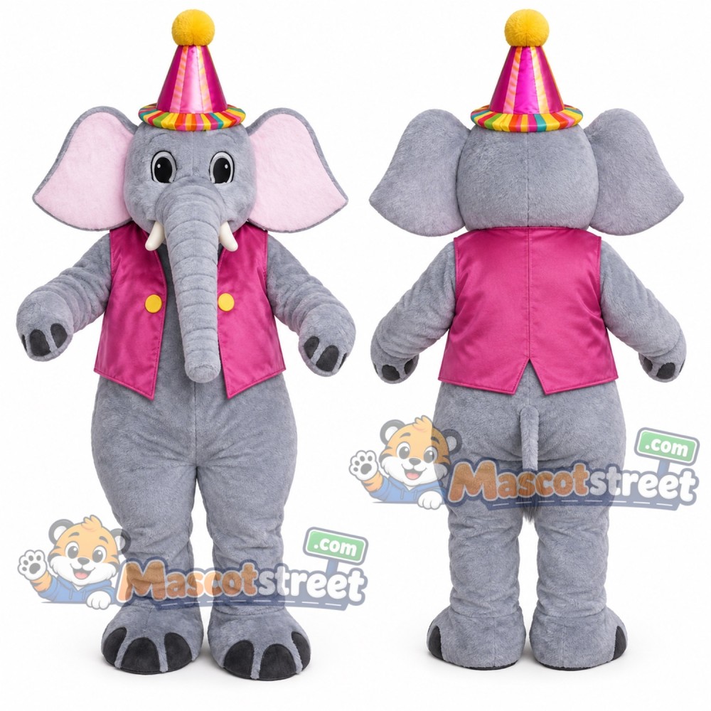 Gray Elephant Mascot Costume with Pink Vest and Party Hat Gray Elephant Mascot Costume with Pink Vest and Party Hat