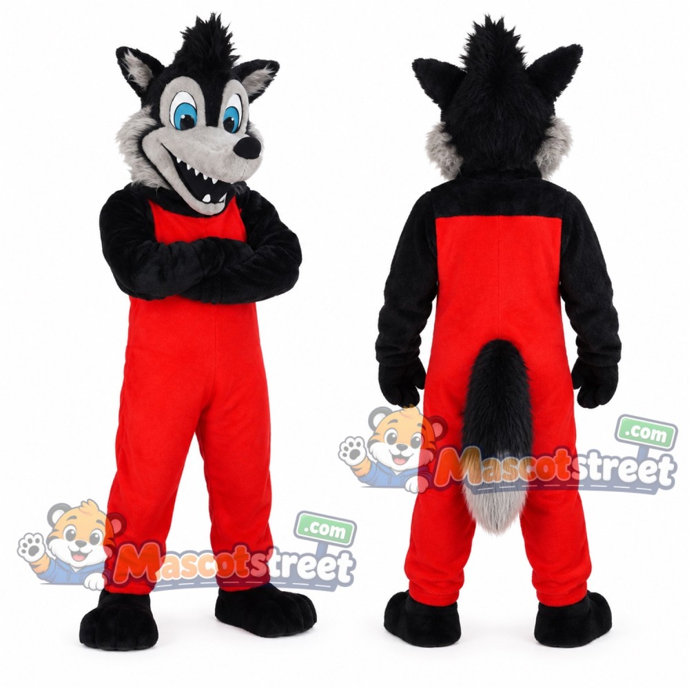 Gray and Black Wolf Mascot Costume with Red Overalls Gray and Black Wolf Mascot Costume with Red Overalls