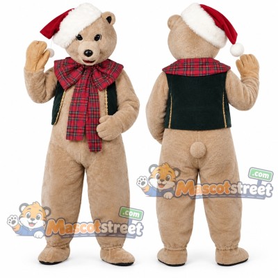 Tan Bear Mascot Costume with Green Vest, Plaid Scarf and Santa Hat