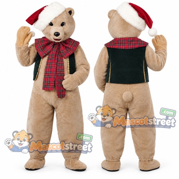 Tan Bear Mascot Costume with Green Vest, Plaid Scarf and Santa Hat