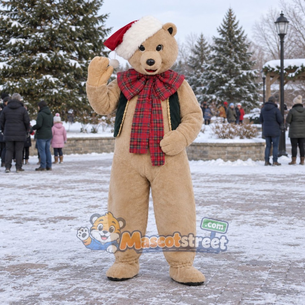 Tan Bear Mascot Costume with Green Vest, Plaid Scarf and Santa Hat Tan Bear Mascot Costume with Green Vest, Plaid Scarf and Santa Hat