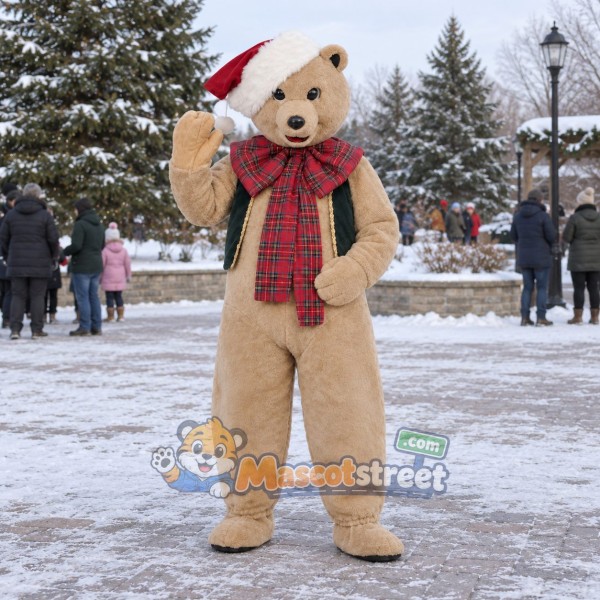 Tan Bear Mascot Costume with Green Vest, Plaid Scarf and Santa Hat