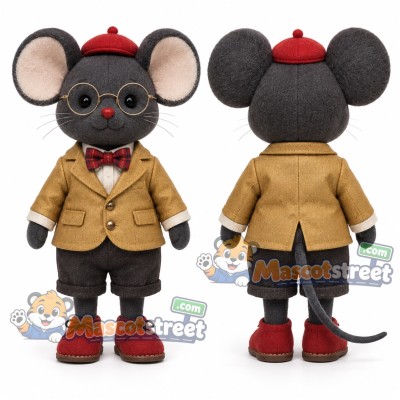 Gray Mouse Mascot Costume with Tan Jacket, Black Pants and Red Cap