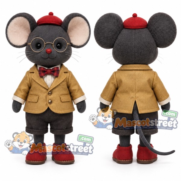 Gray Mouse Mascot Costume with Tan Jacket, Black Pants and Red Cap