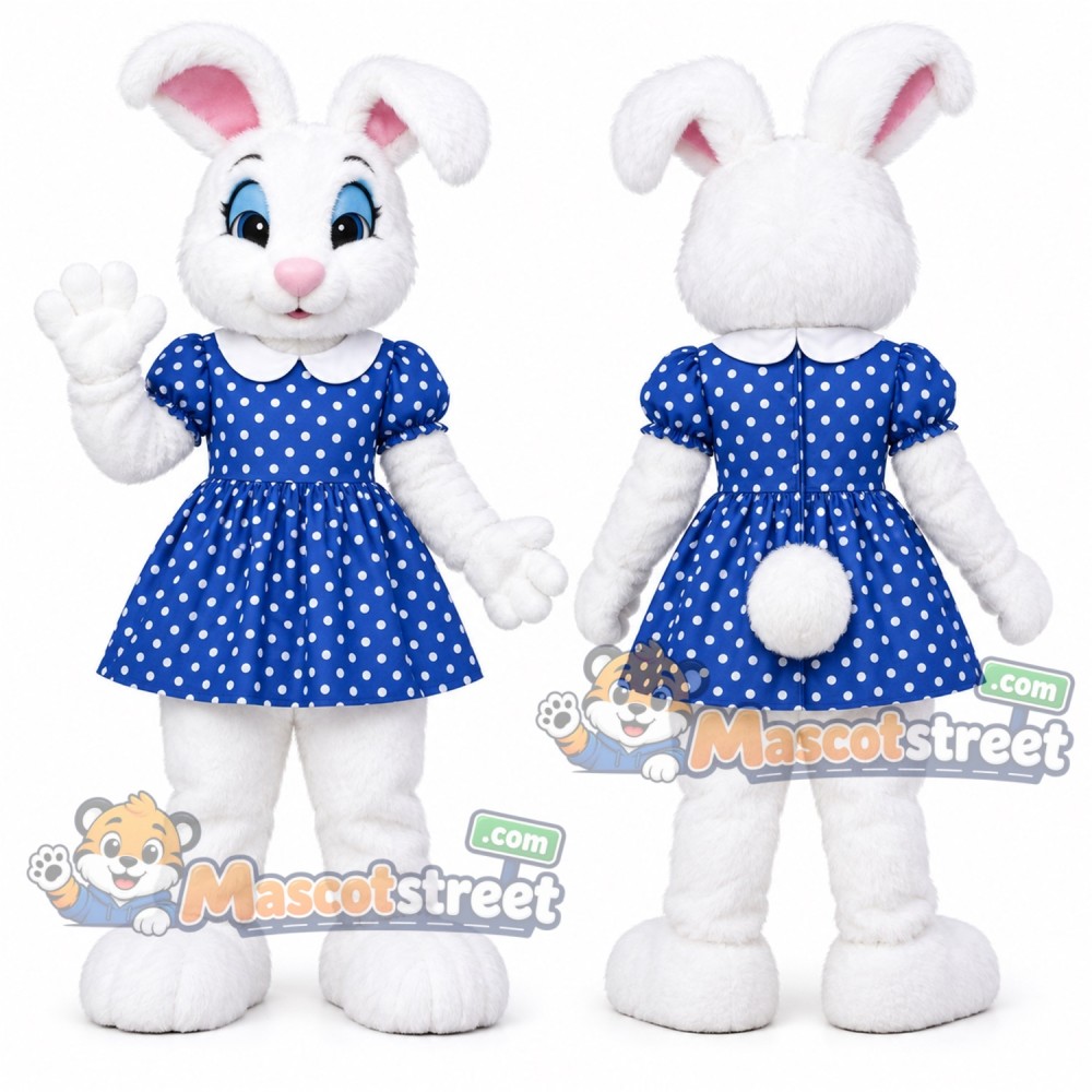 White Rabbit Mascot Costume with Blue Polka Dot Dress White Rabbit Mascot Costume with Blue Polka Dot Dress