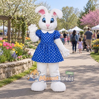 White Rabbit Mascot Costume with Blue Polka Dot Dress White Rabbit Mascot Costume with Blue Polka Dot Dress
