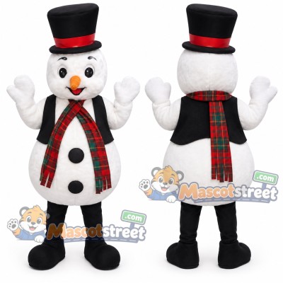 Snowman Mascot Costume with Plaid Scarf, Black Vest and Black Top Hat
