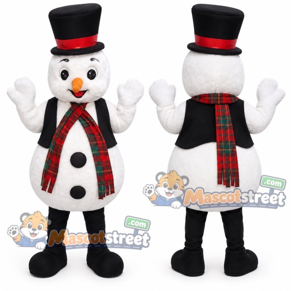 Snowman Mascot Costume with Plaid Scarf, Black Vest and Black Top Hat