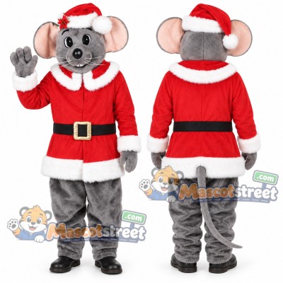 Gray Mouse Mascot Costume with Santa Suit and Hat