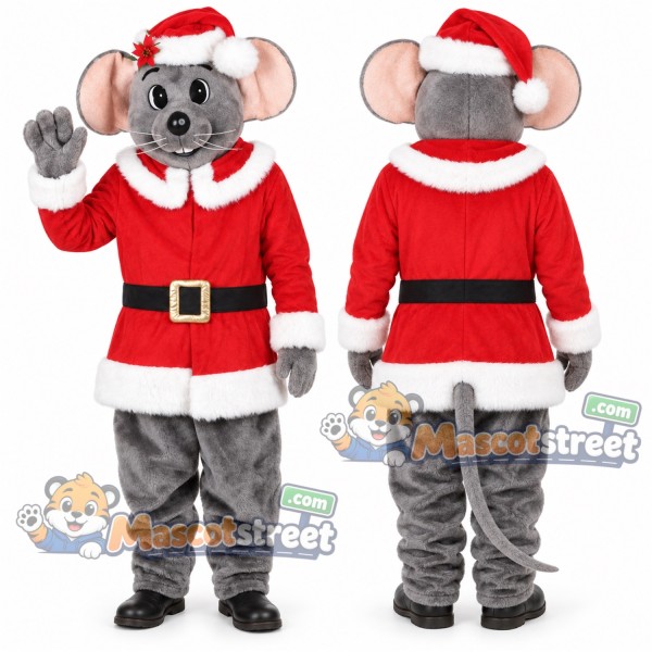 Gray Mouse Mascot Costume with Santa Suit and Hat