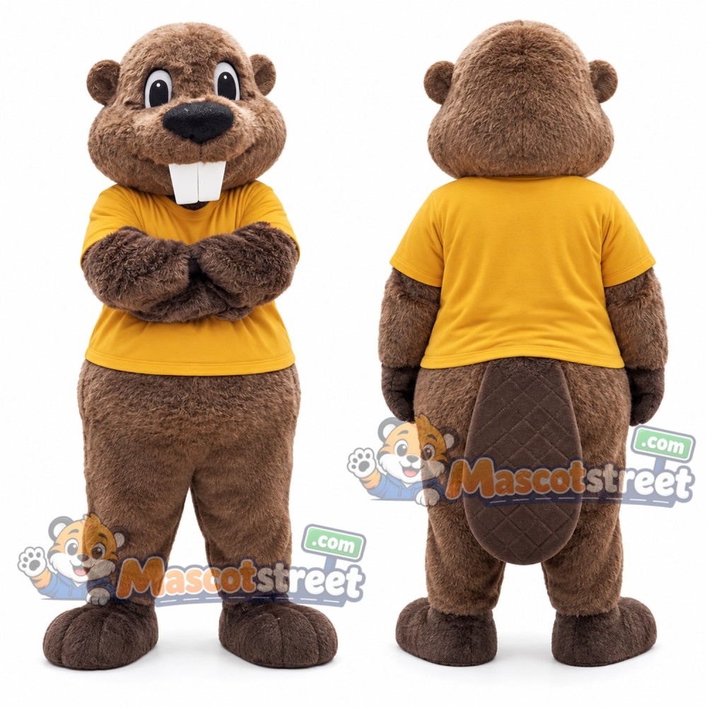 Brown Beaver Mascot Costume with Yellow Shirt Brown Beaver Mascot Costume with Yellow Shirt
