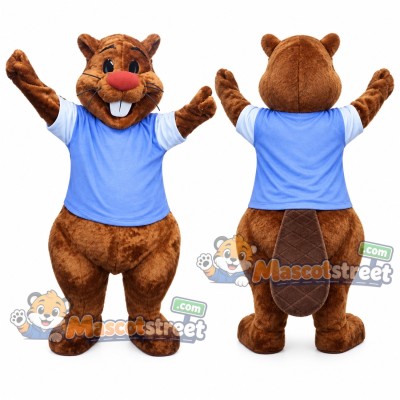 Brown Beaver Mascot Costume with Light Blue Shirt