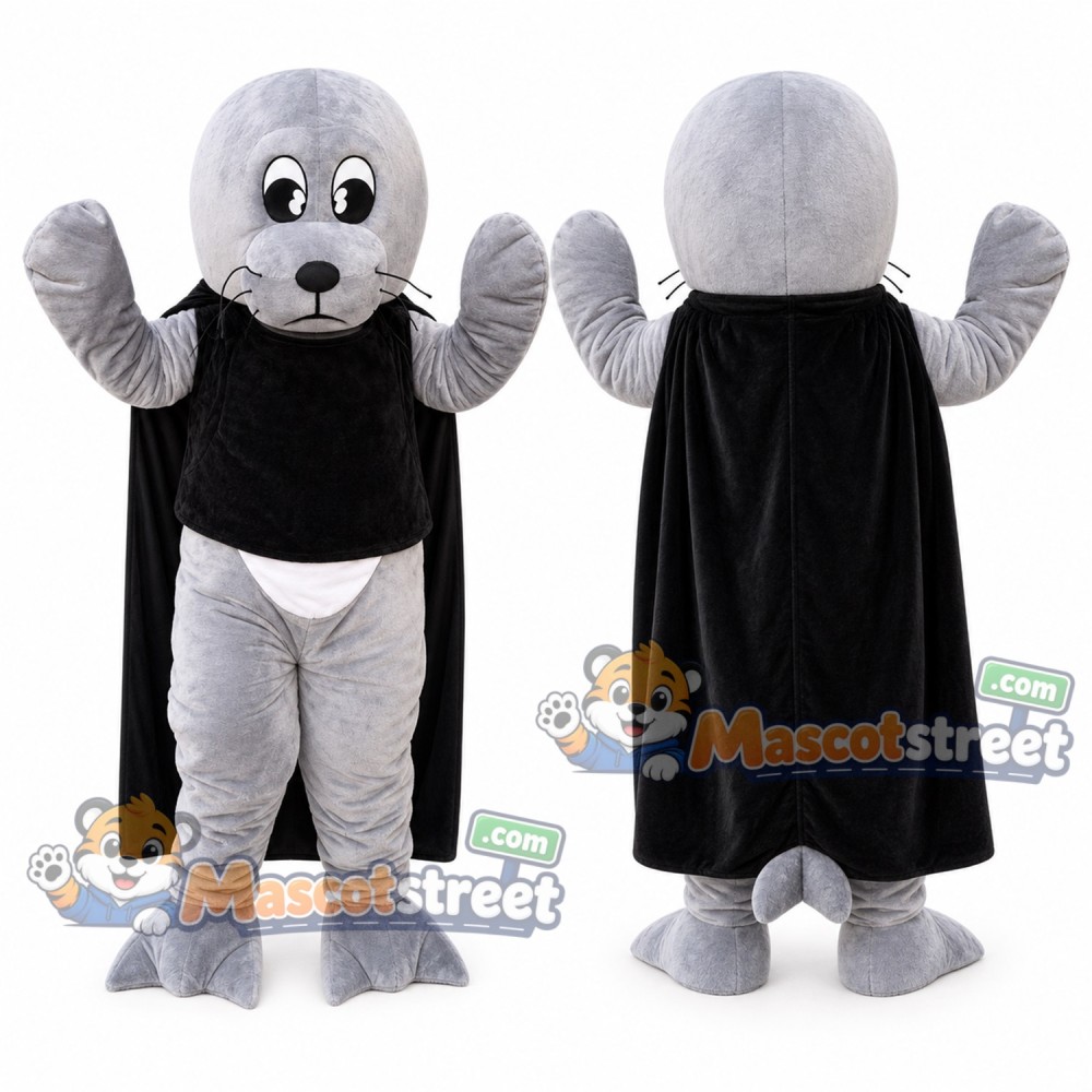 Gray Seal Superhero Mascot Costume with Black Shirt and Cape Gray Seal Superhero Mascot Costume with Black Shirt and Cape