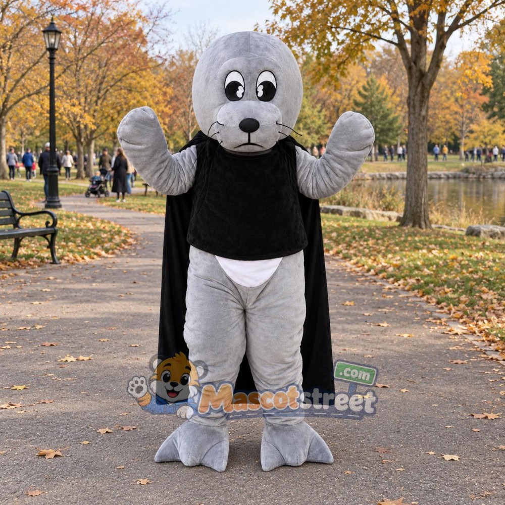 Gray Seal Superhero Mascot Costume with Black Shirt and Cape Gray Seal Superhero Mascot Costume with Black Shirt and Cape