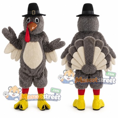 Gray Turkey Mascot Costume with Black Pilgrim Hat Gray Turkey Mascot Costume with Black Pilgrim Hat