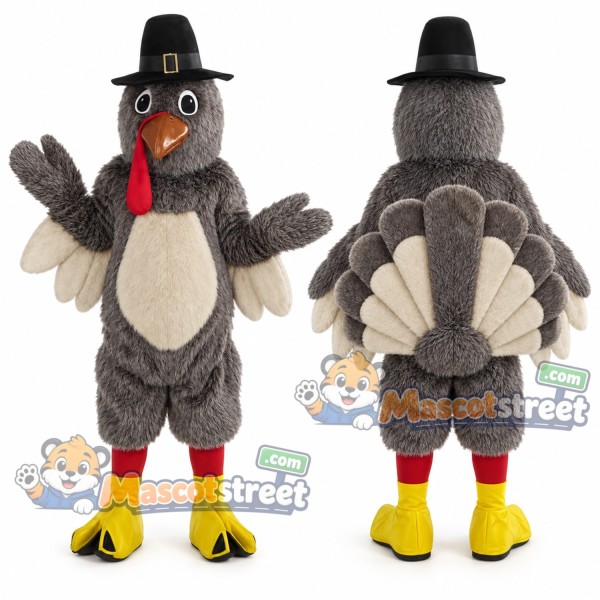 Gray Turkey Mascot Costume with Black Pilgrim Hat
