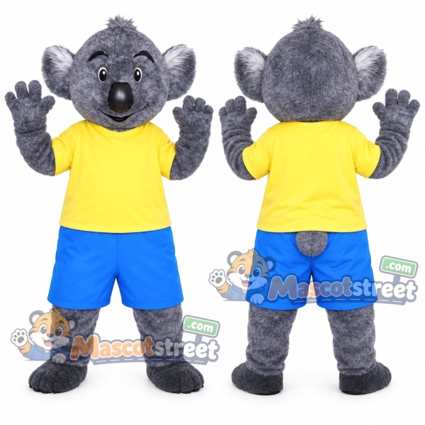 Gray Koala Mascot Costume with Yellow Shirt and Blue Shorts