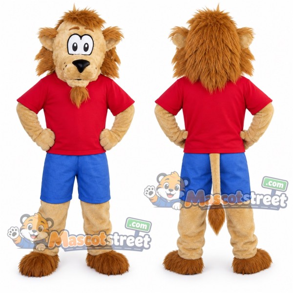 Tan Lion Mascot Costume with Red Shirt and Blue Shorts