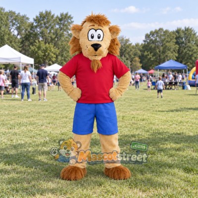 Tan Lion Mascot Costume with Red Shirt and Blue Shorts Tan Lion Mascot Costume with Red Shirt and Blue Shorts