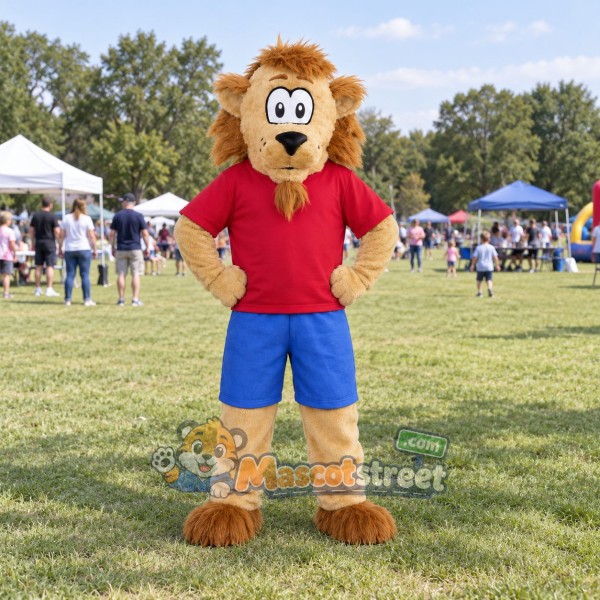 Tan Lion Mascot Costume with Red Shirt and Blue Shorts