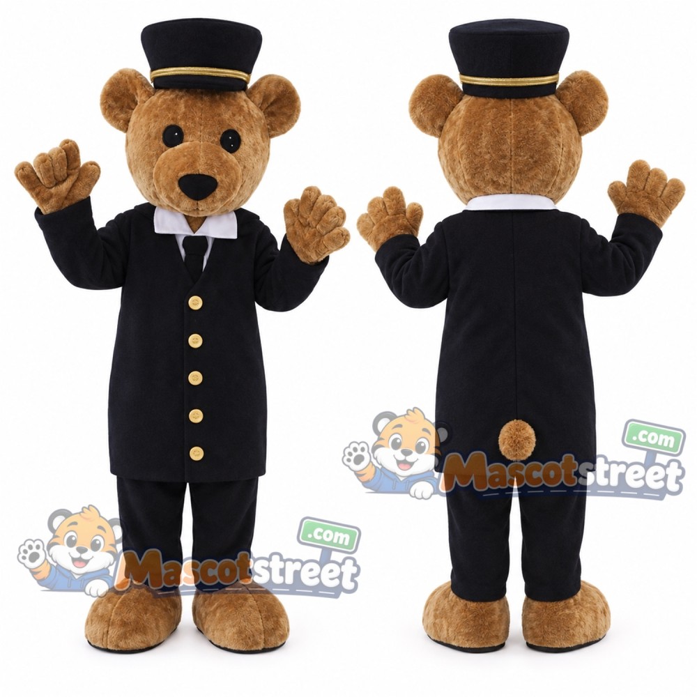 Tan Bear Conductor Mascot Costume with Black Uniform and Hat