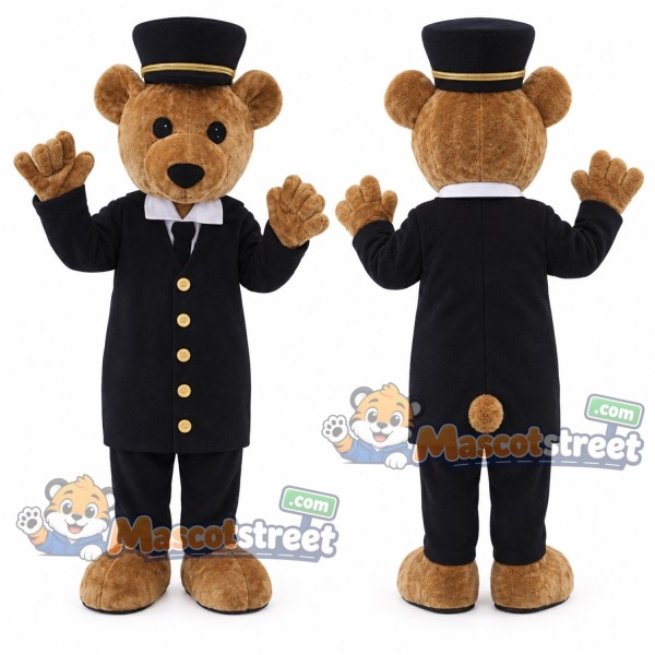 Tan Bear Conductor Mascot Costume with Black Uniform and Hat