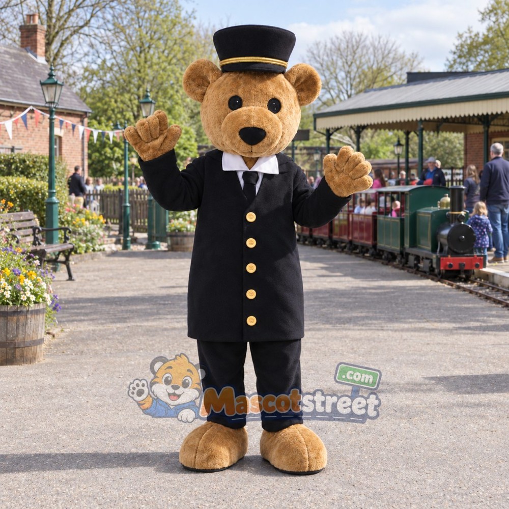 Tan Bear Conductor Mascot Costume with Black Uniform and Hat