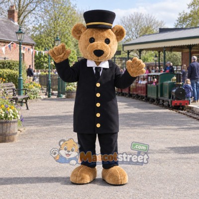 Tan Bear Conductor Mascot Costume with Black Uniform and Hat