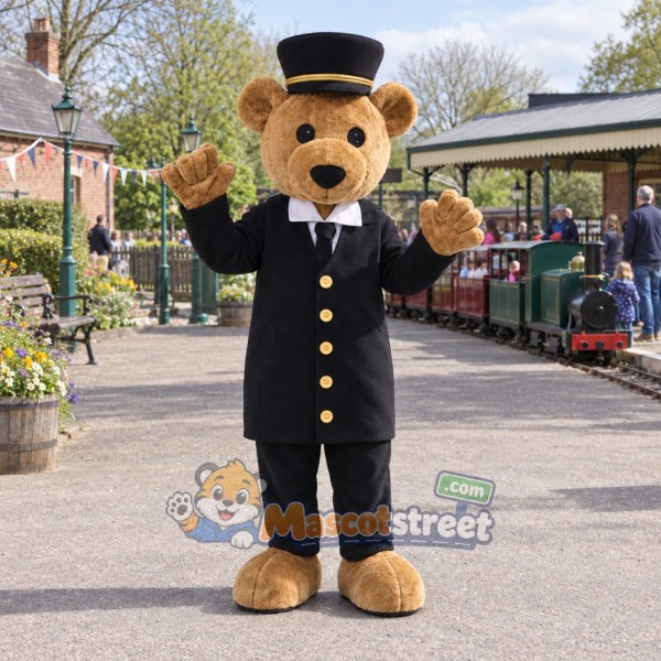 Tan Bear Conductor Mascot Costume with Black Uniform and Hat