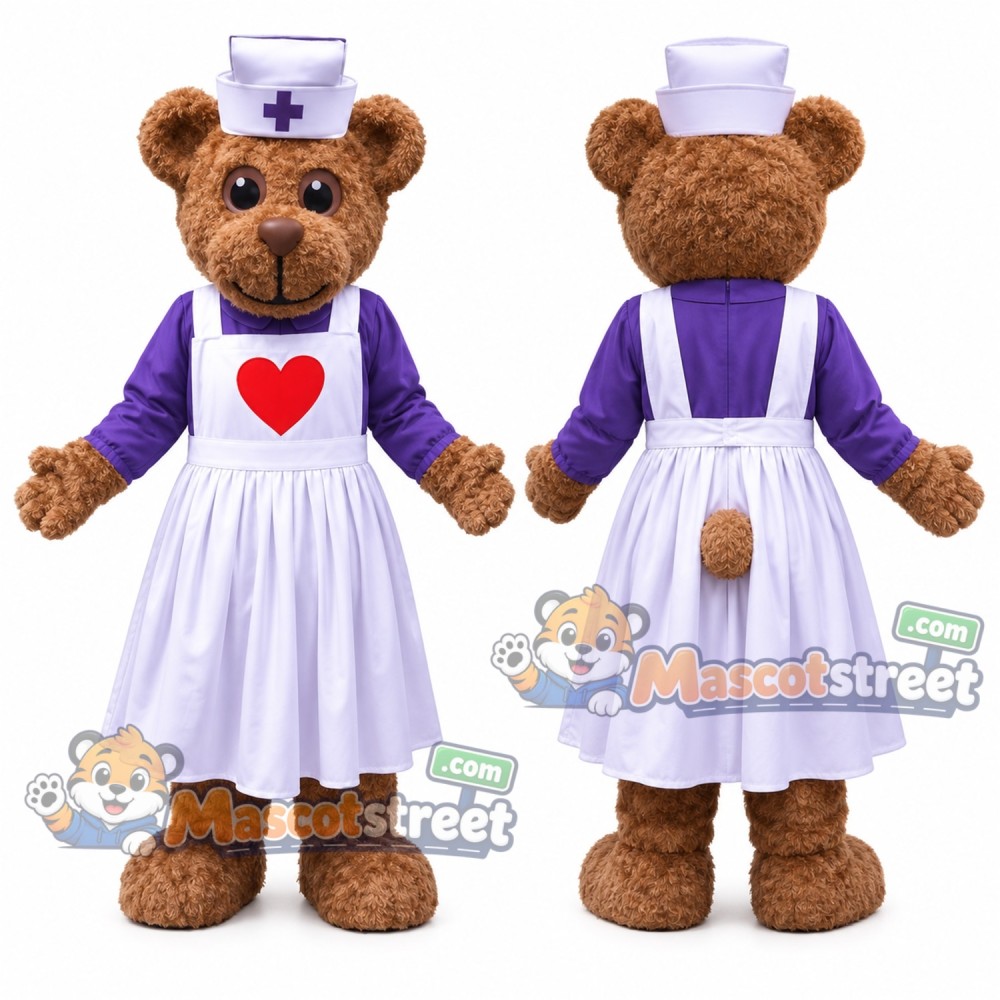 Brown Bear Nurse Mascot Costume with Purple Dress, White Apron and Nurse Hat Brown Bear Nurse Mascot Costume with Purple Dress, White Apron and Nurse Hat