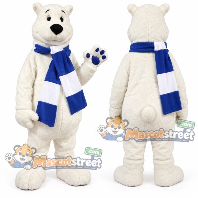 White Polar Bear Mascot Costume with Blue Striped Scarf White Polar Bear Mascot Costume with Blue Striped Scarf