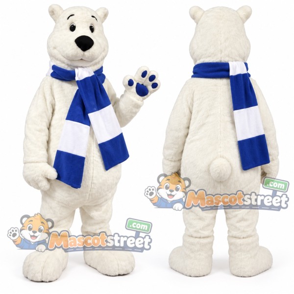 White Polar Bear Mascot Costume with Blue Striped Scarf