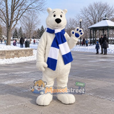 White Polar Bear Mascot Costume with Blue Striped Scarf
