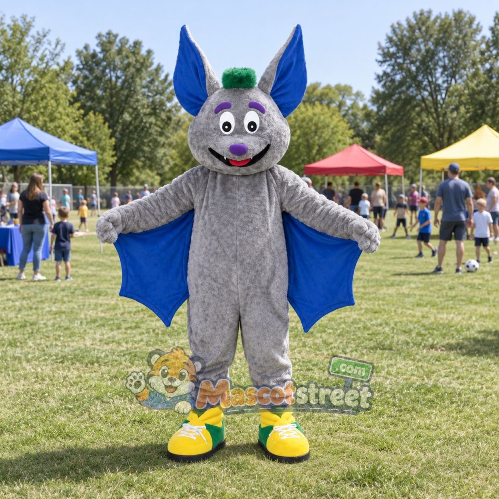 Gray Bat Mascot Costume with Green Hat Gray Bat Mascot Costume with Green Hat