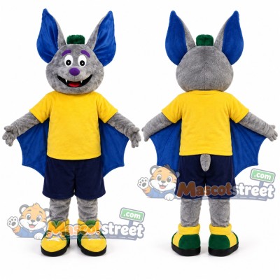 Gray Bat Mascot Costume with Yellow Shirt, Navy Shorts and Green Hat Gray Bat Mascot Costume with Yellow Shirt, Navy Shorts and Green Hat