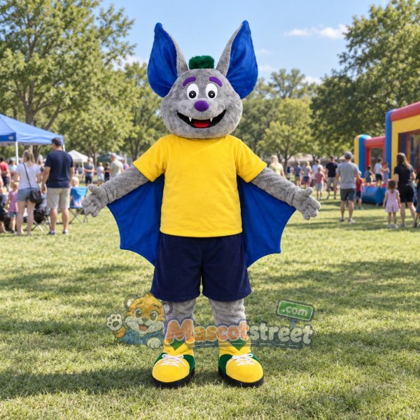 Gray Bat Mascot Costume with Yellow Shirt, Navy Shorts and Green Hat