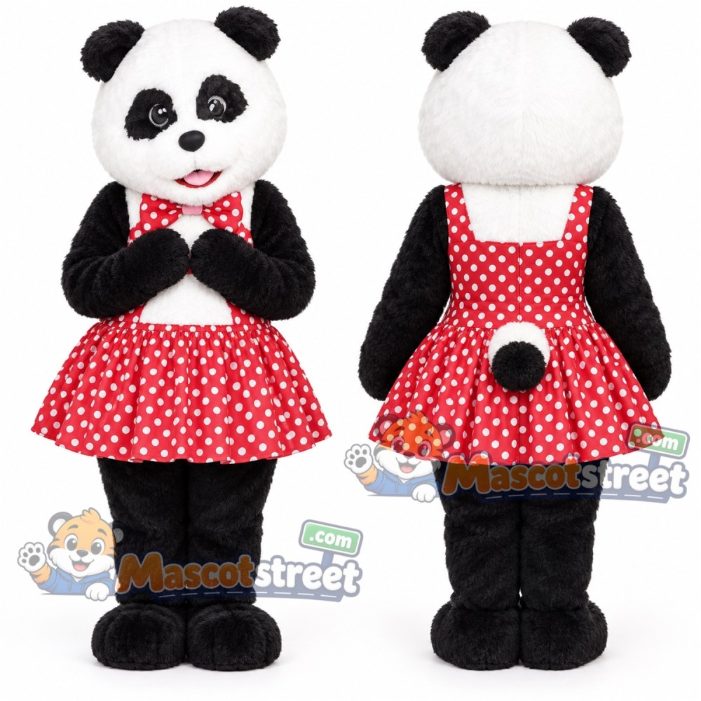 Panda Mascot Costume with Red Polka Dot Dress Panda Mascot Costume with Red Polka Dot Dress