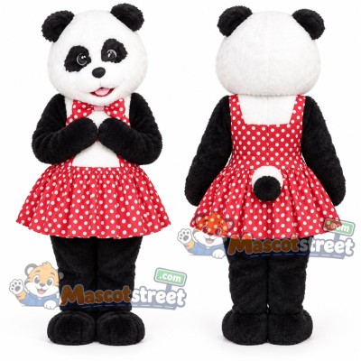 Panda Mascot Costume with Red Polka Dot Dress Panda Mascot Costume with Red Polka Dot Dress