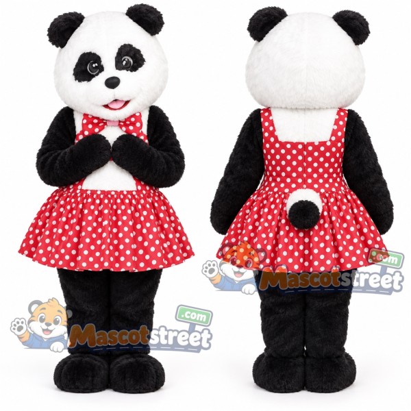 Panda Mascot Costume with Red Polka Dot Dress