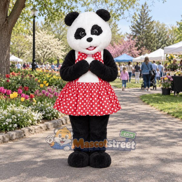 Panda Mascot Costume with Red Polka Dot Dress